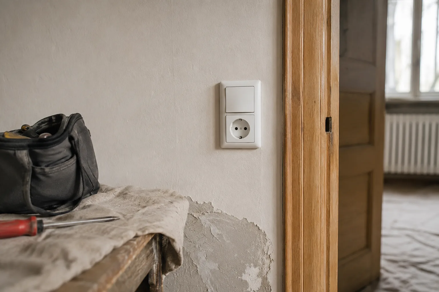 KI-Symbolbild: erneuerte Steckdose und Schalter im Altbau